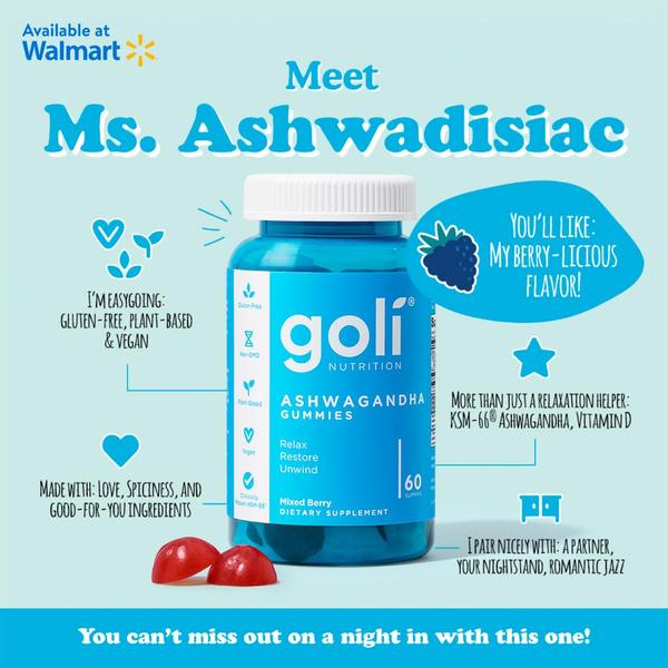 A 1:1 ratio static display ad that uses a lighthearted, personified brand voice to introduce Ashwagandha gummies as a lifestyle companion.